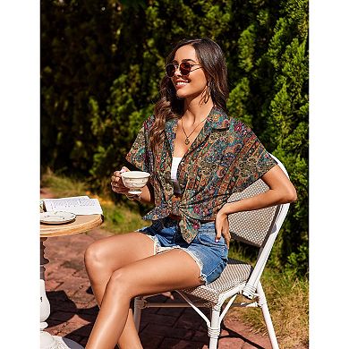 Zeagoo Women's Linen Cotton Short Sleeve Button Down Collared Blouses Casual Summer Tops