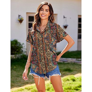 Zeagoo Women's Linen Cotton Short Sleeve Button Down Collared Blouses Casual Summer Tops