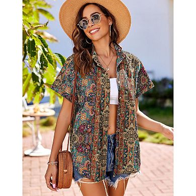 Zeagoo Women's Linen Cotton Short Sleeve Button Down Collared Blouses Casual Summer Tops