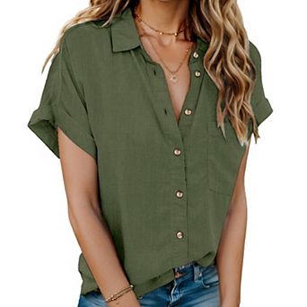 Zeagoo Women's Linen Cotton Short Sleeve Button Down Collared Blouses Casual Summer Tops