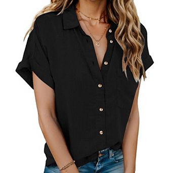 Zeagoo Women's Linen Cotton Short Sleeve Button Down Collared Blouses Casual Summer Tops