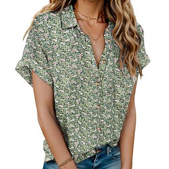 Zeagoo Women's Linen Cotton Short Sleeve Button Down Collared Blouses Casual Summer Tops