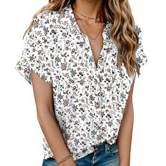 Zeagoo Women's Linen Cotton Short Sleeve Button Down Collared Blouses Casual Summer Tops