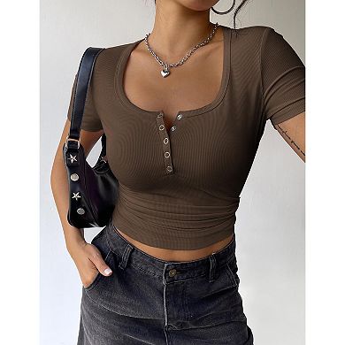 Zeagoo Women's Business Casual Short Sleeve Square Neck Slim Basic Baby Tees