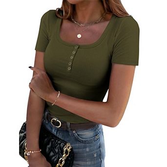 Zeagoo Women's Business Casual Short Sleeve Square Neck Slim Basic Baby Tees