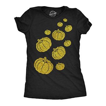 Womens Gold Glitter Pumpkins T Shirt Funny Cute Halloween Top Graphic Novelty Tee