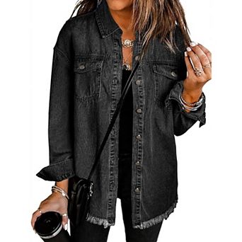 Zeagoo Women's Ripped Fringe Denim Jean Jackets Casual Long Sleeve Pocket Coats