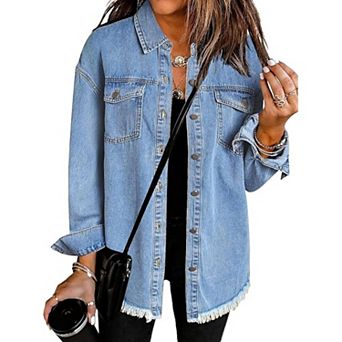 Zeagoo Women's Ripped Fringe Denim Jean Jackets Casual Long Sleeve Pocket Coats