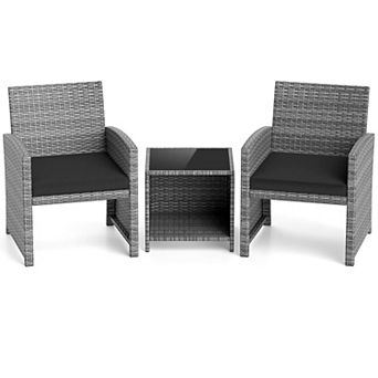 Costway 3 pc Patio Furniture Set with Tempered Glass Coffee Table & Soft Seat Cushions