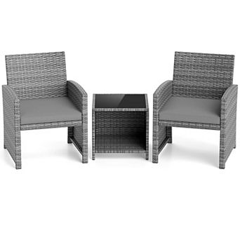 Costway 3 pc Patio Furniture Set with Tempered Glass Coffee Table & Soft Seat Cushions