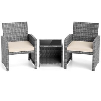 Costway 3 pc Patio Furniture Set with Tempered Glass Coffee Table & Soft Seat Cushions