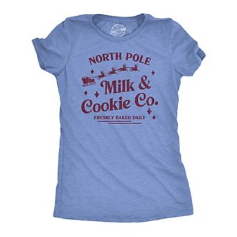 Womens North Pole Milk and Cookie Co T Shirt Funny Xmas Bakery Shop Joke Tee for Ladies