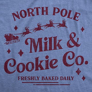 Womens North Pole Milk and Cookie Co T Shirt Funny Xmas Bakery Shop Joke Tee for Ladies