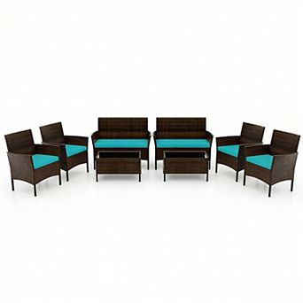 Costway 8 pc Patio Furniture Set with Washable Cushions and Tempered Glass Coffee Table