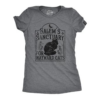 Womens Salems Sanctuary for Wayward Cats T Shirt Funny Spooky Halloween Kitten Lovers Tee for Ladies