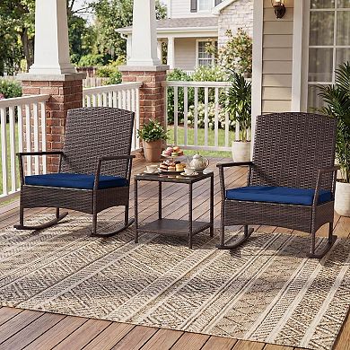 Costway 3 Piece Patio Rocking Bistro Set, 2 Rattan Armchairs with 2-Tier Side Table