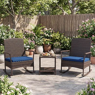 Costway 3 Piece Patio Rocking Bistro Set, 2 Rattan Armchairs with 2-Tier Side Table
