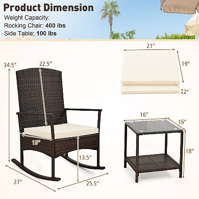 Costway 3 Piece Patio Rocking Bistro Set, 2 Rattan Armchairs with 2-Tier Side Table
