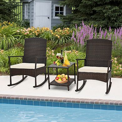 Costway 3 Piece Patio Rocking Bistro Set, 2 Rattan Armchairs with 2-Tier Side Table