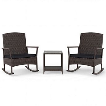 Costway 3 pc Patio Rocking Bistro Set, 2 Rattan Armchairs with 2 tier Side Table