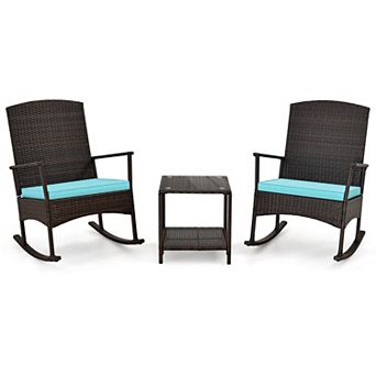 Costway 3 pc Patio Rocking Bistro Set, 2 Rattan Armchairs with 2 tier Side Table