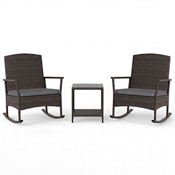 Costway 3 pc Patio Rocking Bistro Set, 2 Rattan Armchairs with 2 tier Side Table