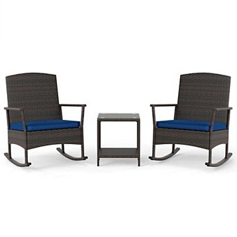 Costway 3 pc Patio Rocking Bistro Set, 2 Rattan Armchairs with 2 tier Side Table
