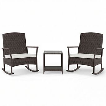 Costway 3 pc Patio Rocking Bistro Set, 2 Rattan Armchairs with 2 tier Side Table
