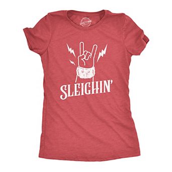 Womens Sleighin T Shirt Funny Santa Claus Christmas Rock and Roll Metal Fingers Graphic Tee