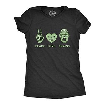 Womens Peace Love Brains T Shirt Funny Halloween Skeleton Zombie Graphic Tee