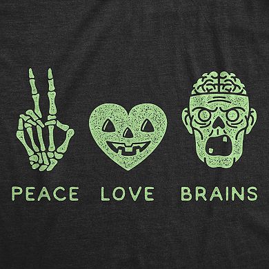 Womens Peace Love Brains T Shirt Funny Halloween Skeleton Zombie Graphic Tee