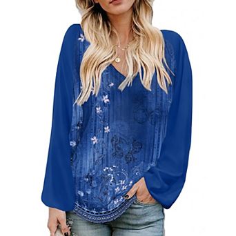 Zeagoo Women's Long Sleeve V Neck Boho Blouses Bohemian Western Dressy Casual Fall Tops