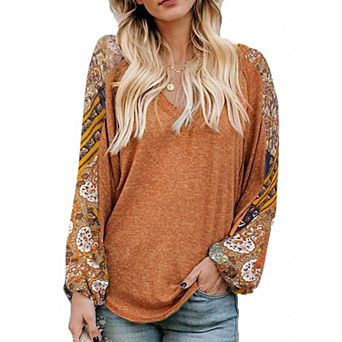 Zeagoo Women's Long Sleeve V Neck Boho Blouses Bohemian Western Dressy Casual Fall Tops