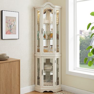 Merax Classical Corner Glass Curio Cabinet with LED Light 4 Adjustable Tempered Glass