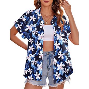 Zeagoo Women's Hawaiian Button Down Shirts Casual Short Sleeve Floral Tropical Print Tunic Tops