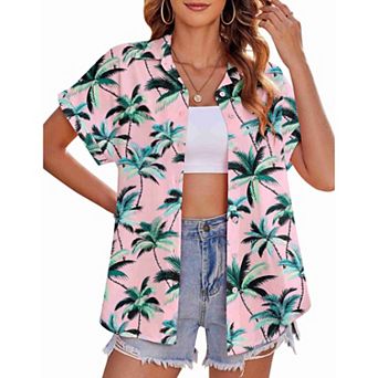 Zeagoo Women's Hawaiian Button Down Shirts Casual Short Sleeve Floral Tropical Print Tunic Tops