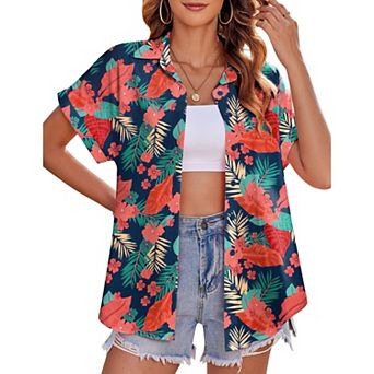 Zeagoo Women's Hawaiian Button Down Shirts Casual Short Sleeve Floral Tropical Print Tunic Tops