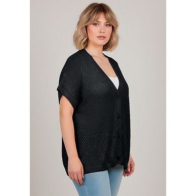Avenue Women's Plus Size Short Sleeve Button Front Cardigan