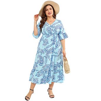 Women's Plus-Size Summer Floral Print Flared Short Sleeve Midi Dress A-Line Pleated Layers Dresses