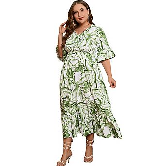 Women's Plus-Size Summer Floral Print Flared Short Sleeve Midi Dress A-Line Pleated Layers Dresses