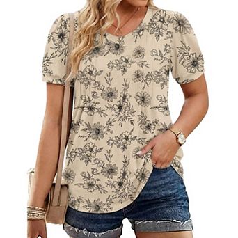 Zeagoo Women's Puff Short Sleeve Pleated V Neck Tunic Tops Casual Floral Blouses