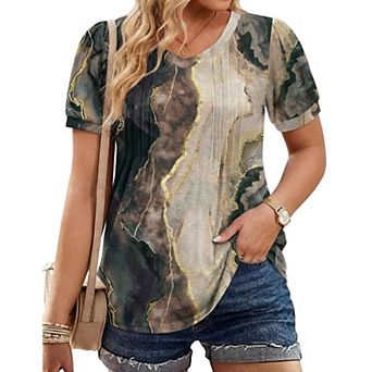 Zeagoo Women's Puff Short Sleeve Pleated V Neck Tunic Tops Casual Floral Blouses