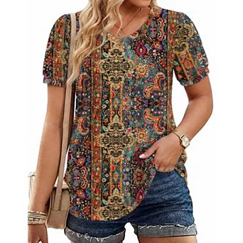 Zeagoo Women's Puff Short Sleeve Pleated V Neck Tunic Tops Casual Floral Blouses