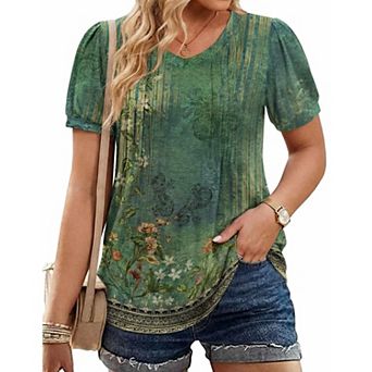 Zeagoo Women's Puff Short Sleeve Pleated V Neck Tunic Tops Casual Floral Blouses