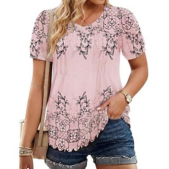 Zeagoo Women's Puff Short Sleeve Pleated V Neck Tunic Tops Casual Floral Blouses