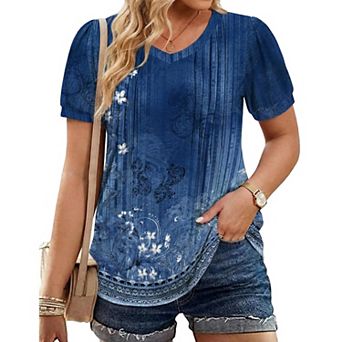 Zeagoo Women's Puff Short Sleeve Pleated V Neck Tunic Tops Casual Floral Blouses