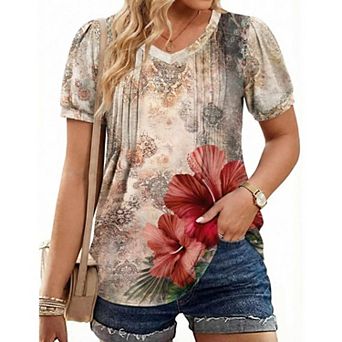 Zeagoo Women's Puff Short Sleeve Pleated V Neck Tunic Tops Casual Floral Blouses