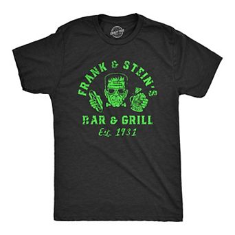 Mens Frank and Steins Bar and Grill T Shirt Funny Frankenstein Halloween Tee for Guys