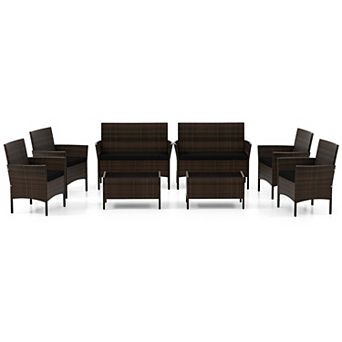 Costway 8 pc Patio Furniture Set with Washable Cushions and Tempered Glass Coffee Table