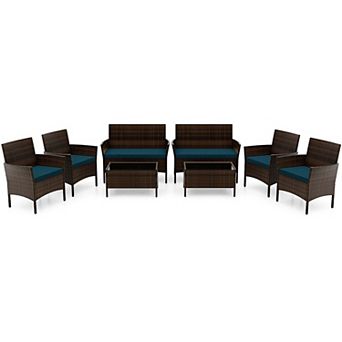 Costway 8 pc Patio Furniture Set with Washable Cushions and Tempered Glass Coffee Table
